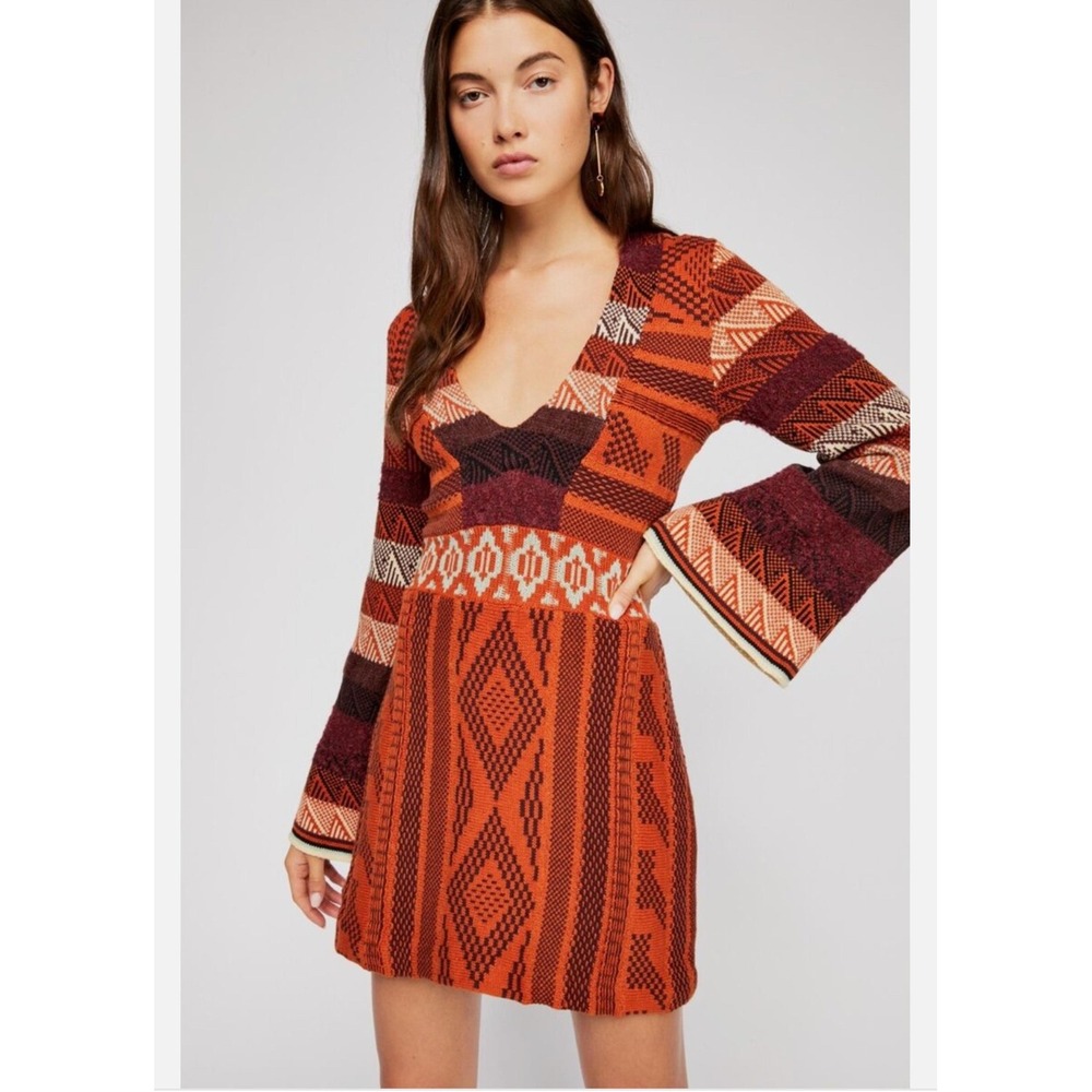 Free People Patchwork Sweater Dress Wool Blend Orange Burgundy XL Boho Knit